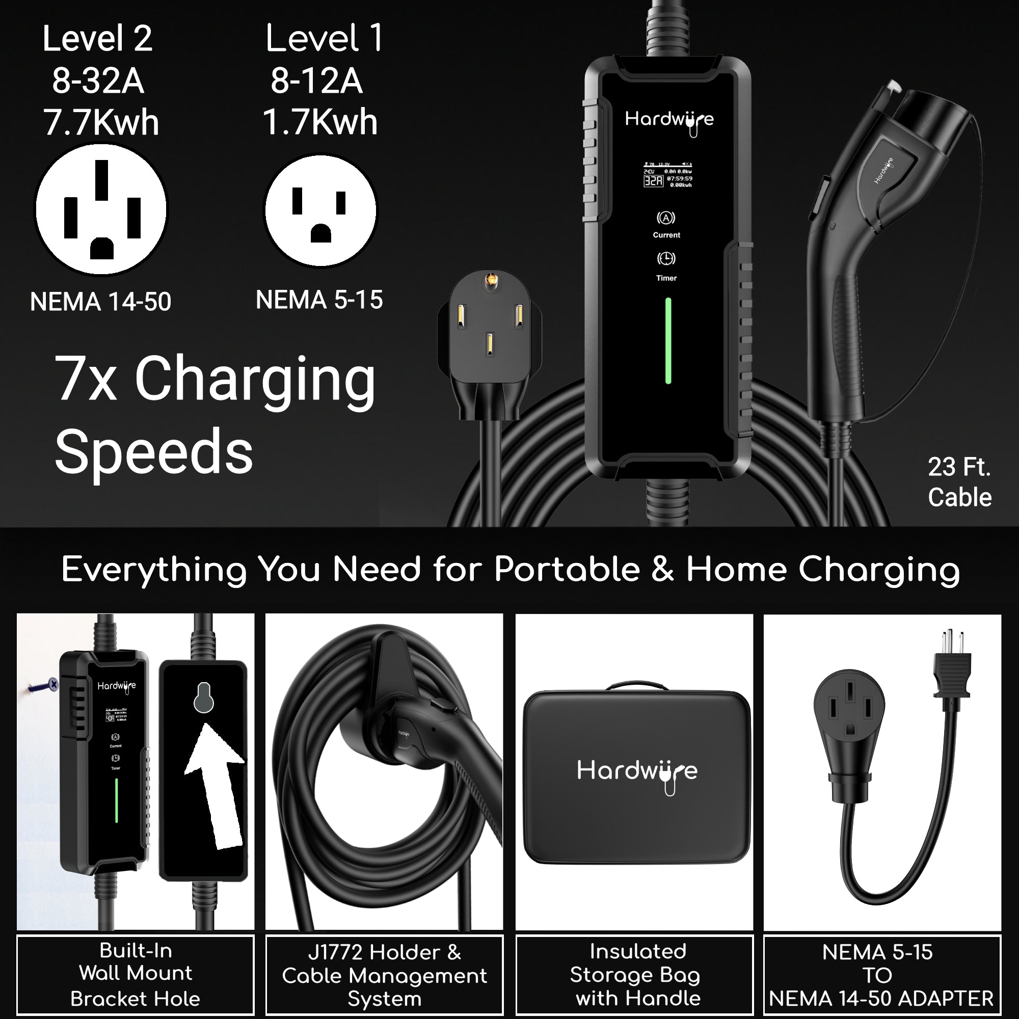 2024's Best Portable EV Charger by USA Today - Award Winning- Affordable &  Built to Last. Hardwiire Level 2 & Level 1 Portable EV Charger | ETL