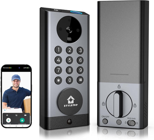 Camera Smart Lock, 3-in-1 Camera+Doorbell+Fingerprint Keyless Entry, Built-in Wi-Fi,Support Alexa, App Remote Control,Two-Way Intercom,HD 2K, Deadbolt (Grey)